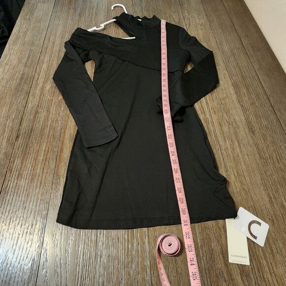 Commense Mock Neck Oblique Cutout Rib Long Sleeve Short Dress NWT Black Small - Picture 2 of 7